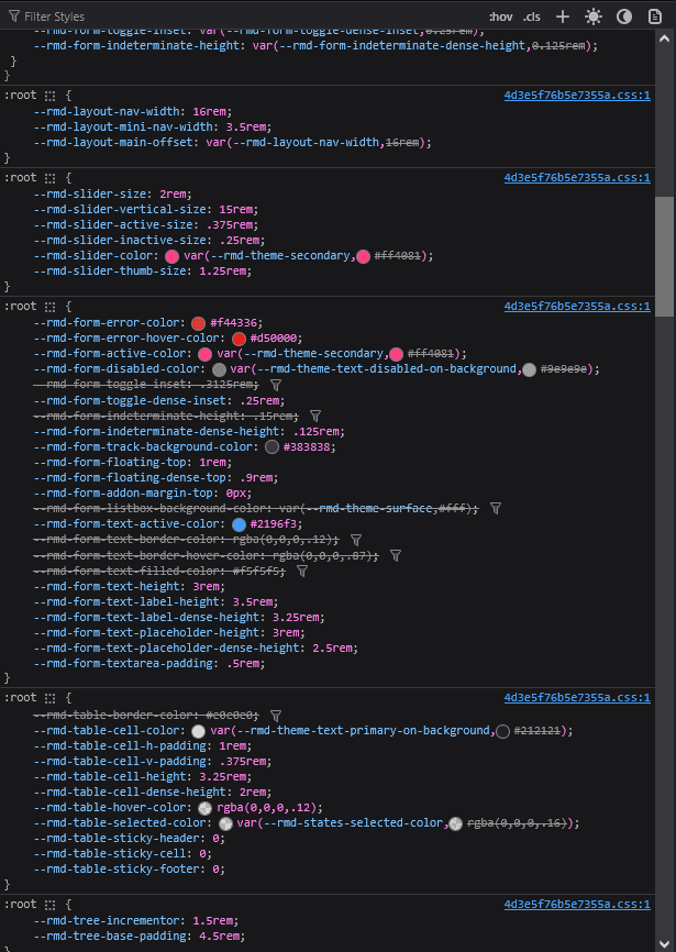 Browser DevTools showcasing variables split up in prior versions of react-md